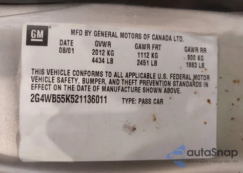 2002 Buick Regal Ls z USA, uszkodzony, nr VIN 2G4WB55K521136011